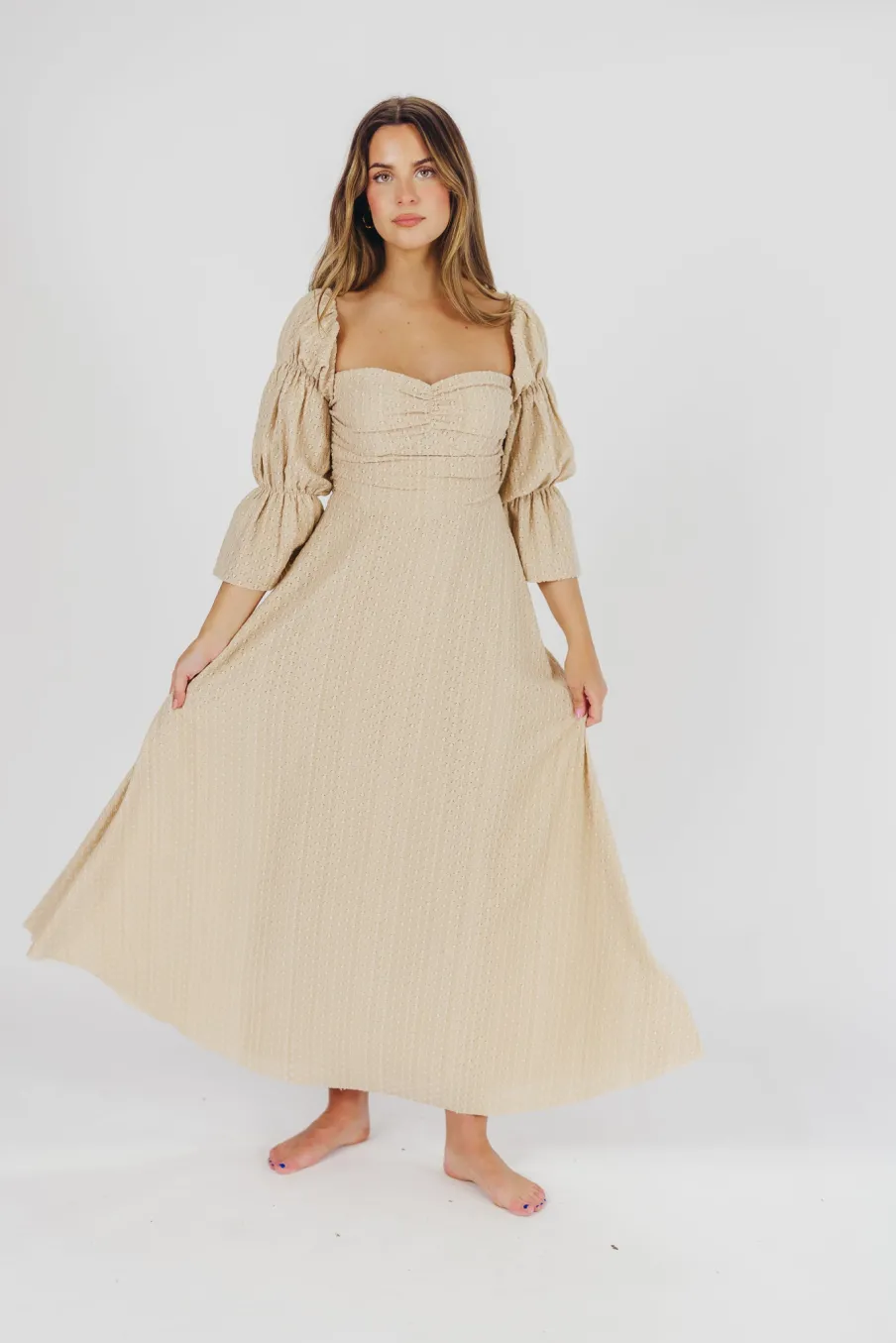 Hot Worth Collective Corrine Tiered Sleeve Maxi Dress with Pockets in Beige - Bump Friendly