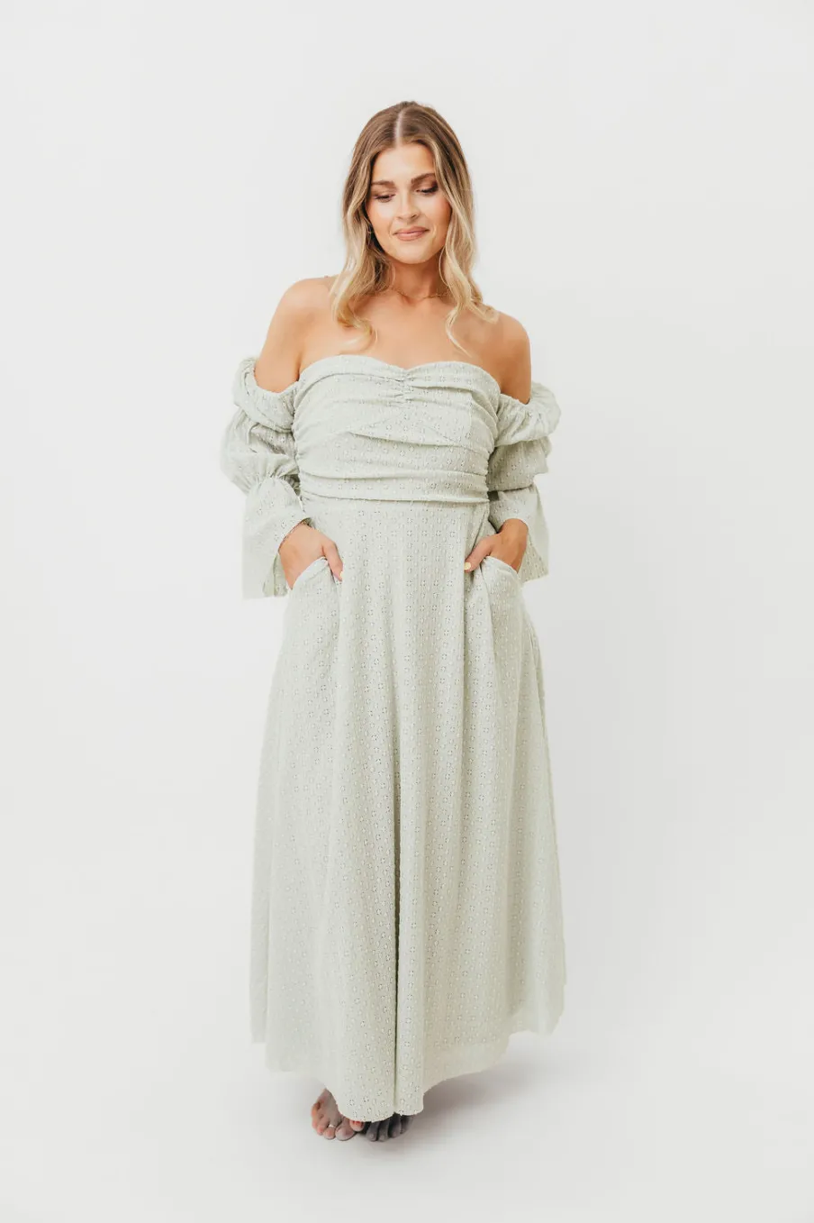 Fashion Worth Collective Corrine Tiered Sleeve Maxi Dress with Pockets in Mint - Bump Friendly