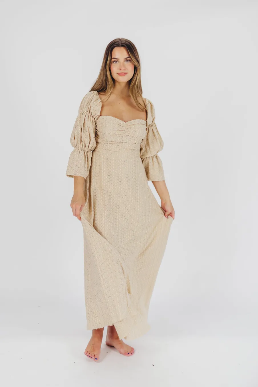 Hot Worth Collective Corrine Tiered Sleeve Maxi Dress with Pockets in Beige - Bump Friendly