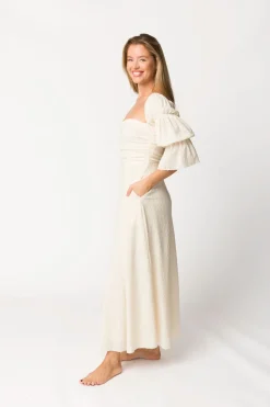 Outlet Worth Collective Corrine Tiered Sleeve Maxi Dress with Pockets in Ivory Cream - Bump Fr