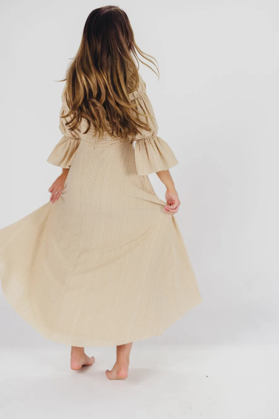 Hot Worth Collective Corrine Tiered Sleeve Maxi Dress with Pockets in Beige - Bump Friendly