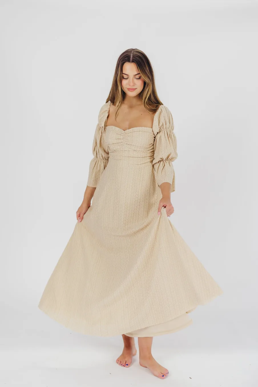 Hot Worth Collective Corrine Tiered Sleeve Maxi Dress with Pockets in Beige - Bump Friendly