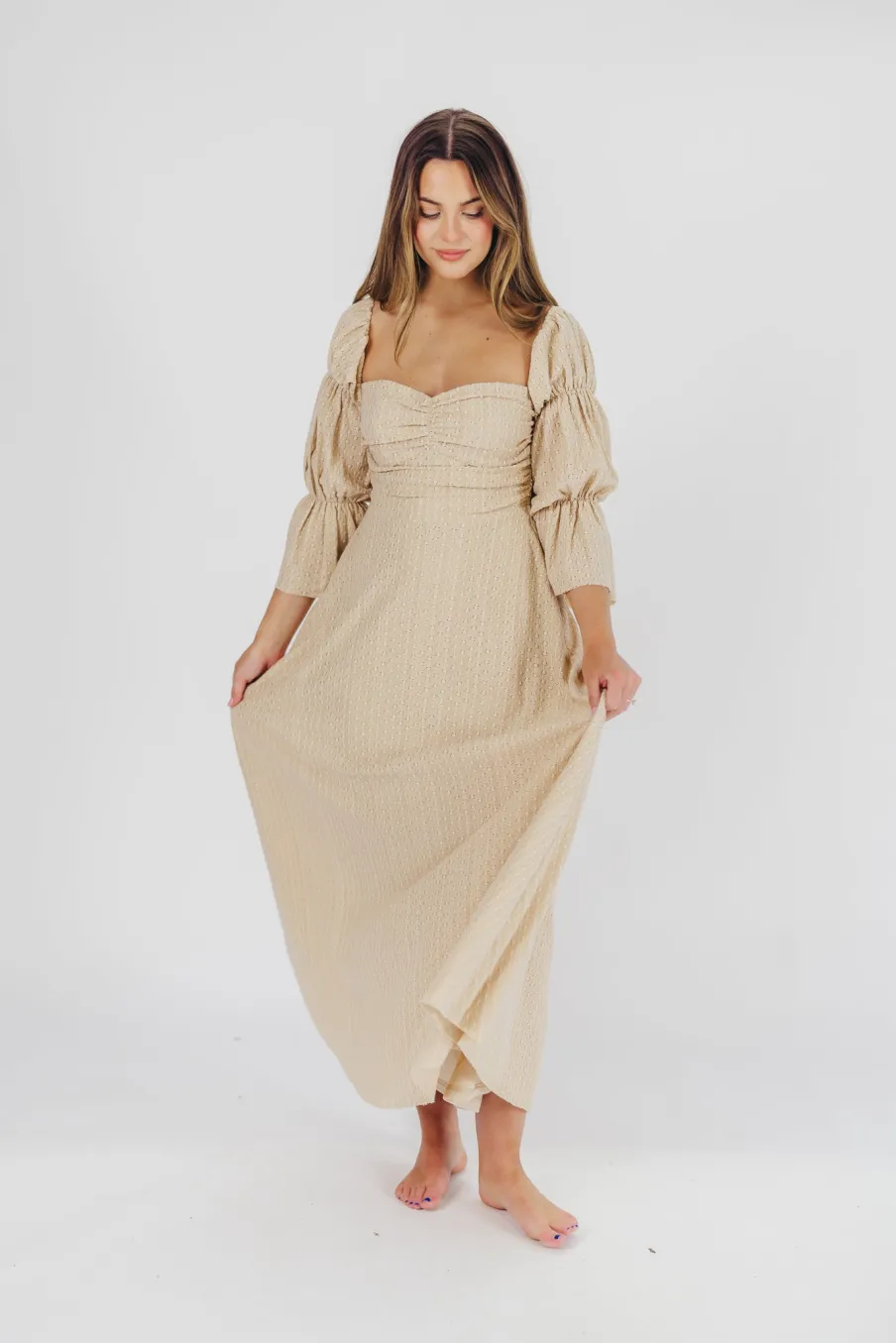 Hot Worth Collective Corrine Tiered Sleeve Maxi Dress with Pockets in Beige - Bump Friendly