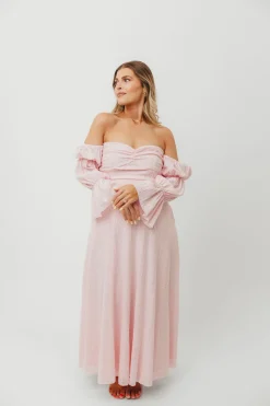 New Worth Collective Corrine Tiered Sleeve Maxi Dress with Pockets in Baby Pink - Bump Frie