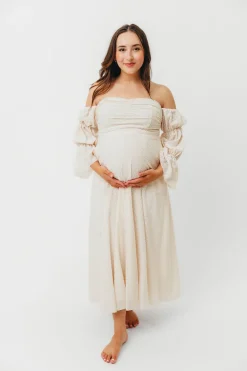 Outlet Worth Collective Corrine Tiered Sleeve Maxi Dress with Pockets in Ivory Cream - Bump Fr
