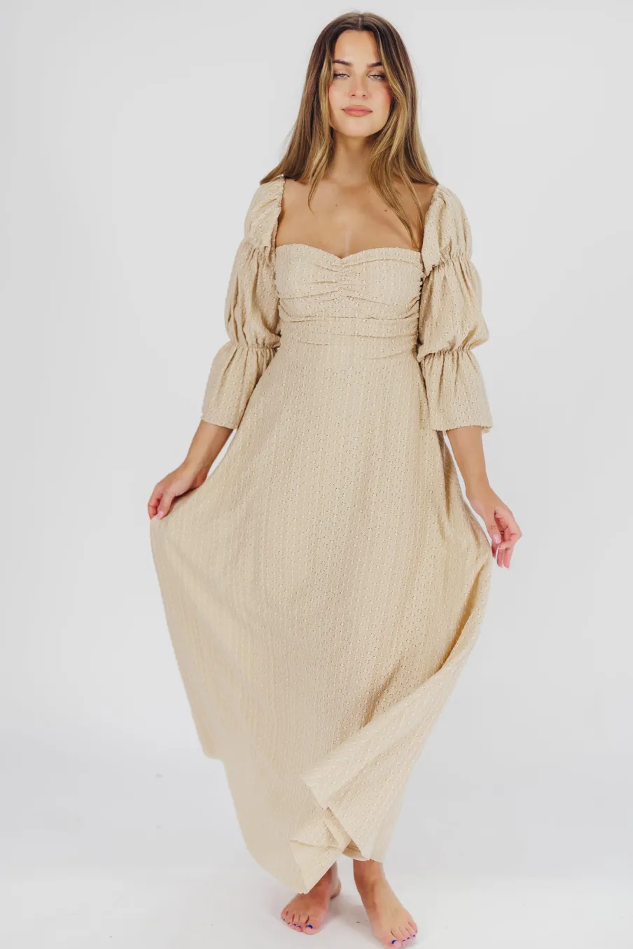 Hot Worth Collective Corrine Tiered Sleeve Maxi Dress with Pockets in Beige - Bump Friendly