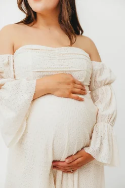 Outlet Worth Collective Corrine Tiered Sleeve Maxi Dress with Pockets in Ivory Cream - Bump Fr