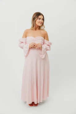 New Worth Collective Corrine Tiered Sleeve Maxi Dress with Pockets in Baby Pink - Bump Frie