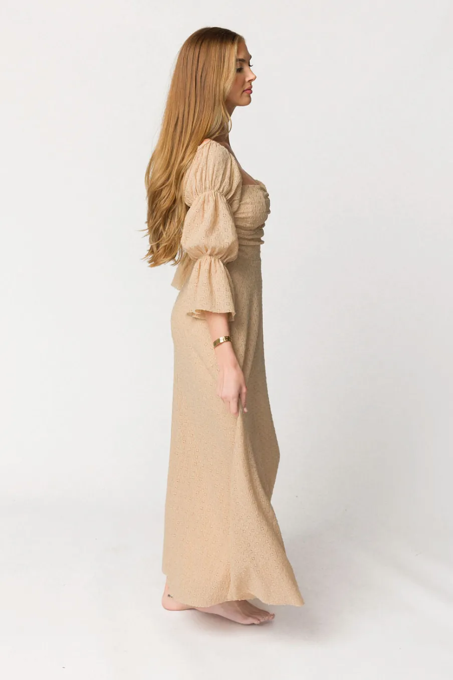 Hot Worth Collective Corrine Tiered Sleeve Maxi Dress with Pockets in Beige - Bump Friendly
