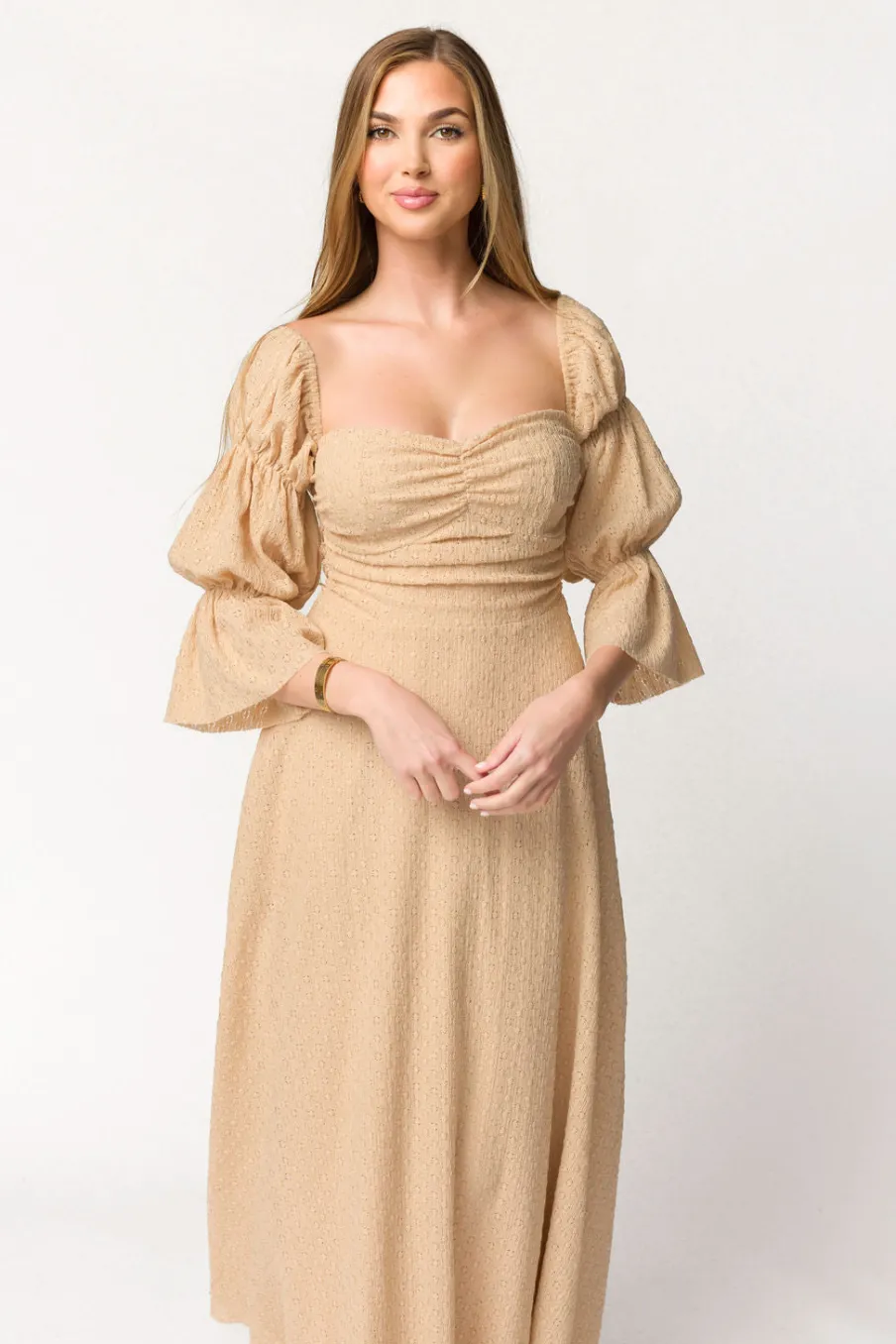 Hot Worth Collective Corrine Tiered Sleeve Maxi Dress with Pockets in Beige - Bump Friendly