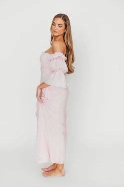 New Worth Collective Corrine Tiered Sleeve Maxi Dress with Pockets in Baby Pink - Bump Frie