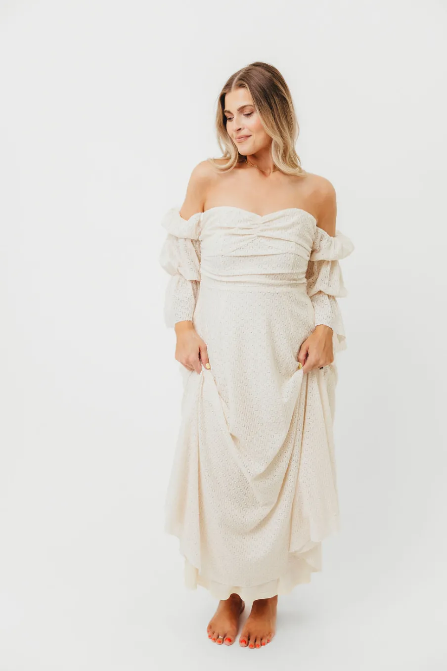 Outlet Worth Collective Corrine Tiered Sleeve Maxi Dress with Pockets in Ivory Cream - Bump Fr