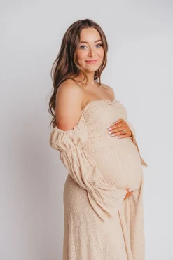 Hot Worth Collective Corrine Tiered Sleeve Maxi Dress with Pockets in Beige - Bump Friendly
