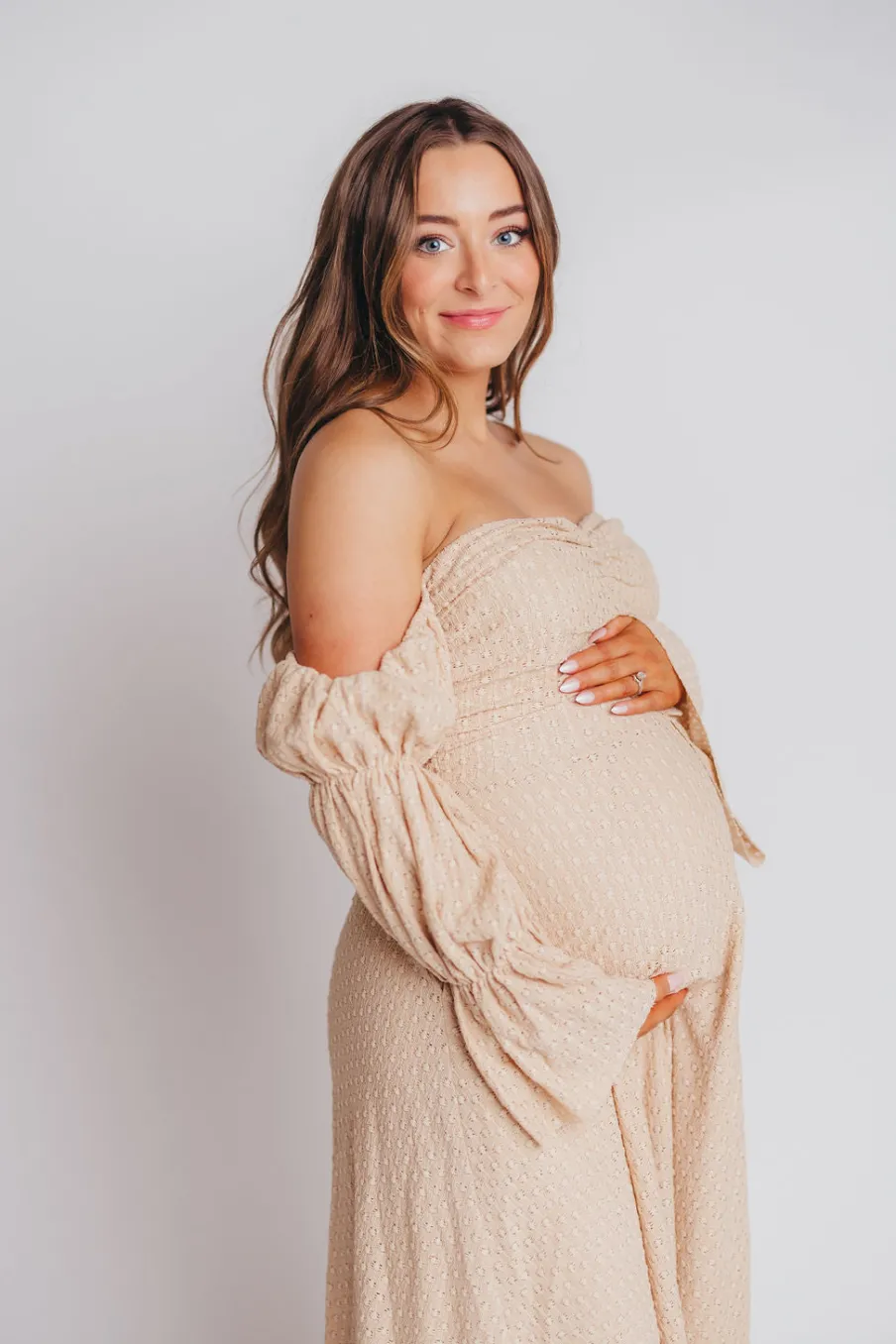 Hot Worth Collective Corrine Tiered Sleeve Maxi Dress with Pockets in Beige - Bump Friendly