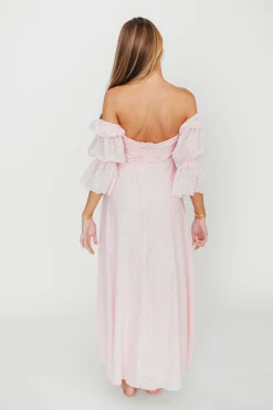 New Worth Collective Corrine Tiered Sleeve Maxi Dress with Pockets in Baby Pink - Bump Frie