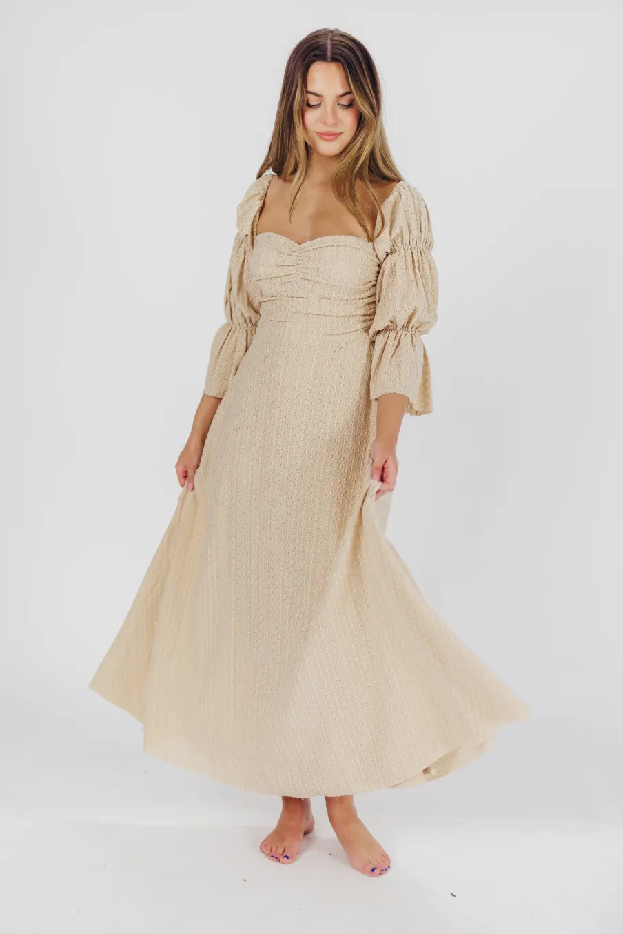 Hot Worth Collective Corrine Tiered Sleeve Maxi Dress with Pockets in Beige - Bump Friendly