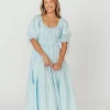 Clearance Worth Collective 100% Cotton Crissy Ruched Midi Dress in Baby Blue - Bump Friendly