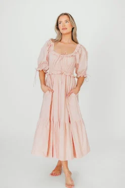 Clearance Worth Collective 100% Cotton Crissy Ruched Midi Dress in Dusty Pink - Bump Friendly
