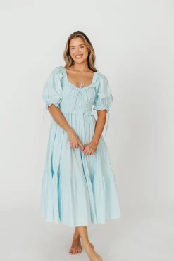Clearance Worth Collective 100% Cotton Crissy Ruched Midi Dress in Baby Blue - Bump Friendly