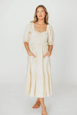 New Worth Collective 100% Cotton Crissy Ruched Midi Dress in Cream - Bump Friendly