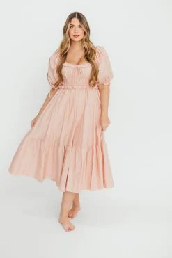 Clearance Worth Collective 100% Cotton Crissy Ruched Midi Dress in Dusty Pink - Bump Friendly