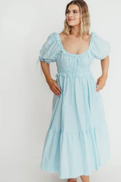 Clearance Worth Collective 100% Cotton Crissy Ruched Midi Dress in Baby Blue - Bump Friendly