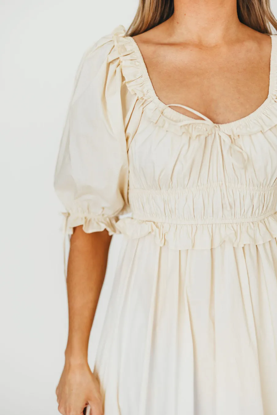 New Worth Collective 100% Cotton Crissy Ruched Midi Dress in Cream - Bump Friendly
