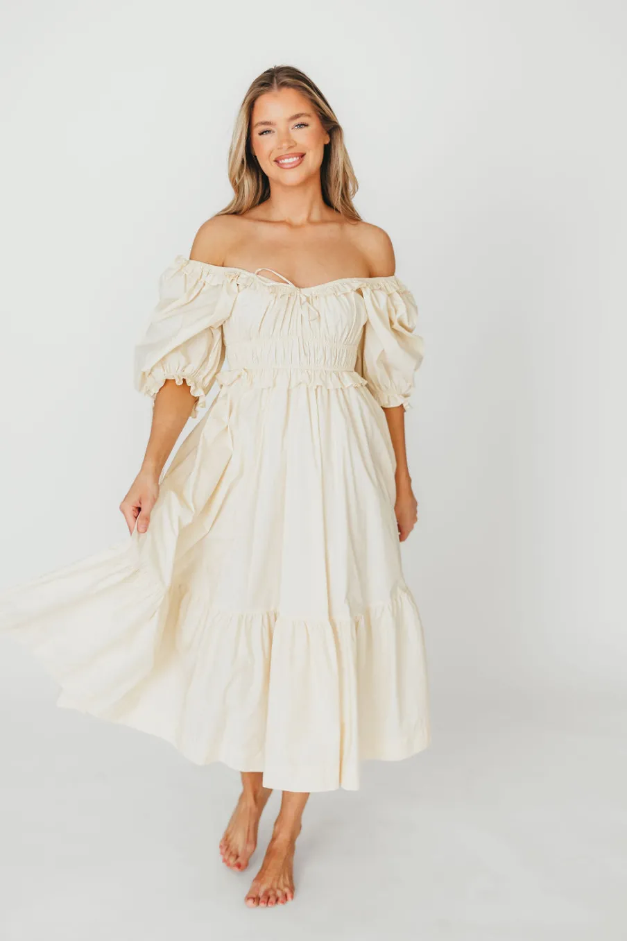 New Worth Collective 100% Cotton Crissy Ruched Midi Dress in Cream - Bump Friendly