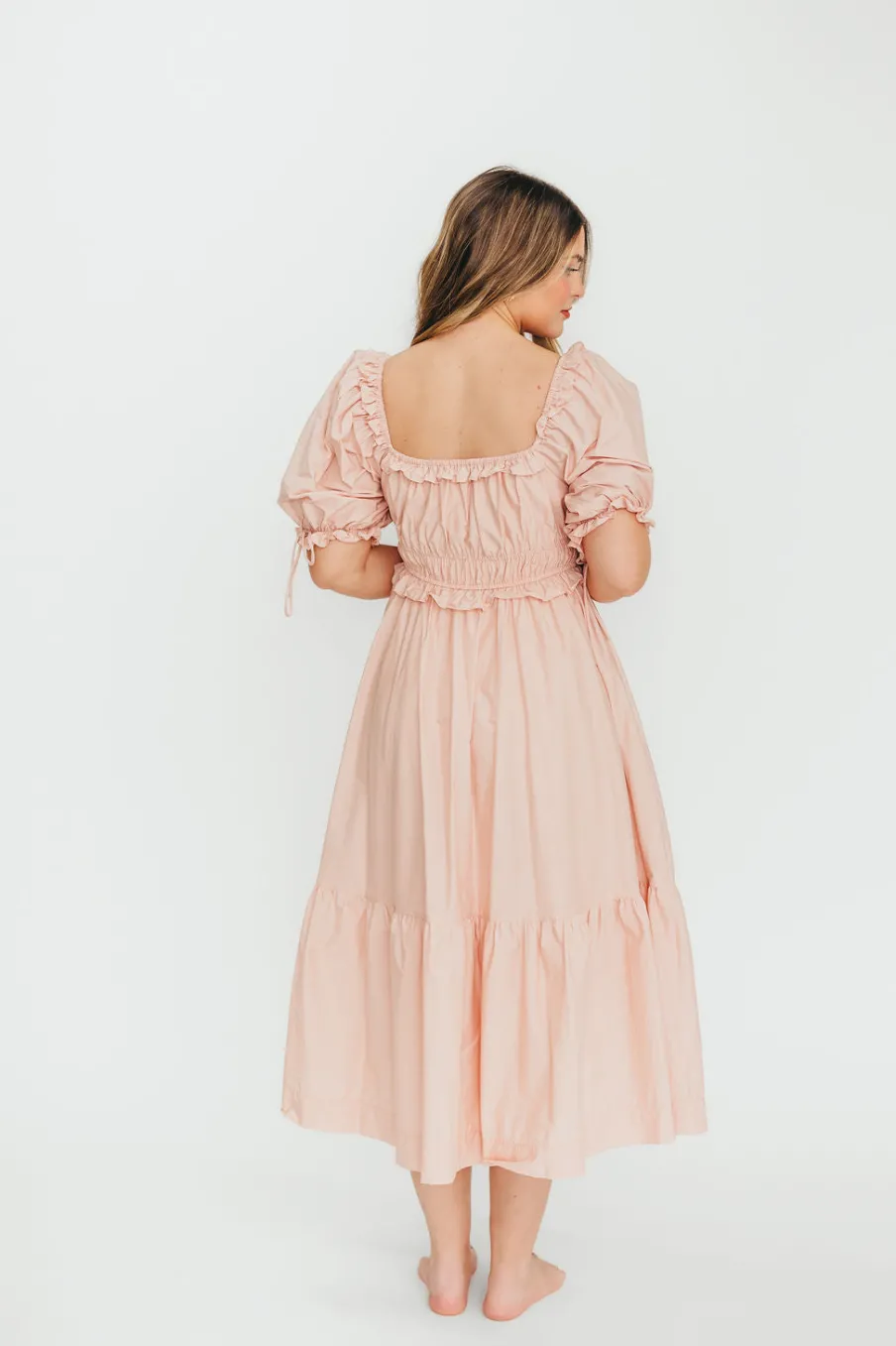 Clearance Worth Collective 100% Cotton Crissy Ruched Midi Dress in Dusty Pink - Bump Friendly