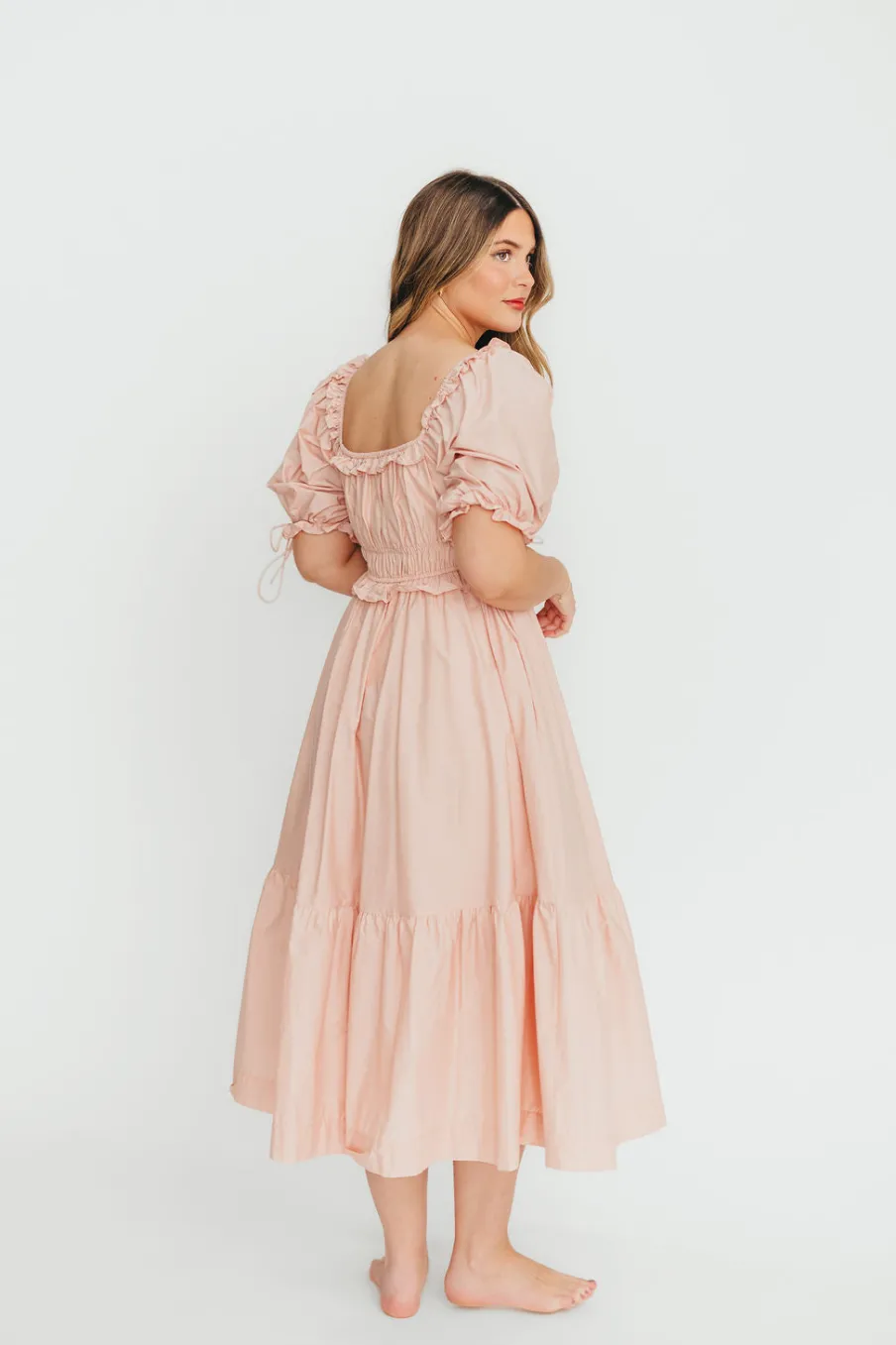 Clearance Worth Collective 100% Cotton Crissy Ruched Midi Dress in Dusty Pink - Bump Friendly