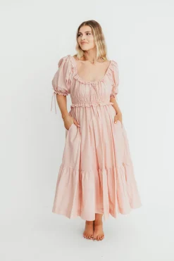 Clearance Worth Collective 100% Cotton Crissy Ruched Midi Dress in Dusty Pink - Bump Friendly