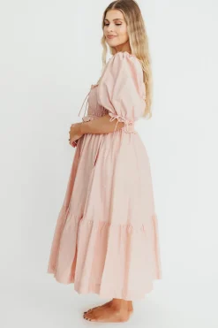 Clearance Worth Collective 100% Cotton Crissy Ruched Midi Dress in Dusty Pink - Bump Friendly