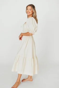 New Worth Collective 100% Cotton Crissy Ruched Midi Dress in Cream - Bump Friendly