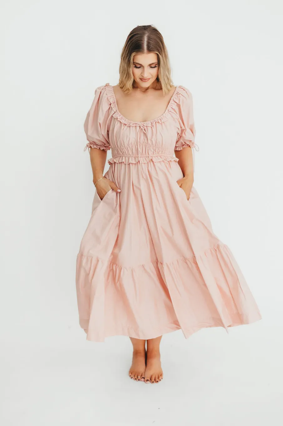 Clearance Worth Collective 100% Cotton Crissy Ruched Midi Dress in Dusty Pink - Bump Friendly