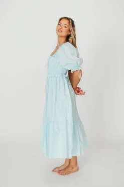 Clearance Worth Collective 100% Cotton Crissy Ruched Midi Dress in Baby Blue - Bump Friendly
