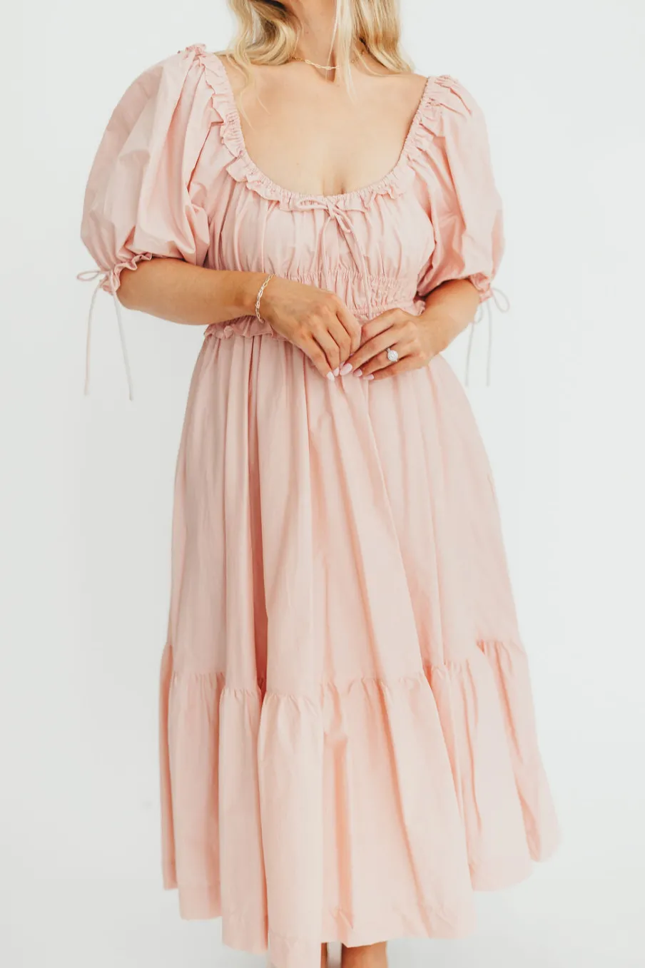 Clearance Worth Collective 100% Cotton Crissy Ruched Midi Dress in Dusty Pink - Bump Friendly