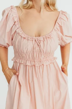 Clearance Worth Collective 100% Cotton Crissy Ruched Midi Dress in Dusty Pink - Bump Friendly