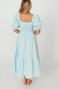 Clearance Worth Collective 100% Cotton Crissy Ruched Midi Dress in Baby Blue - Bump Friendly