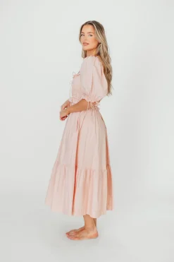 Clearance Worth Collective 100% Cotton Crissy Ruched Midi Dress in Dusty Pink - Bump Friendly