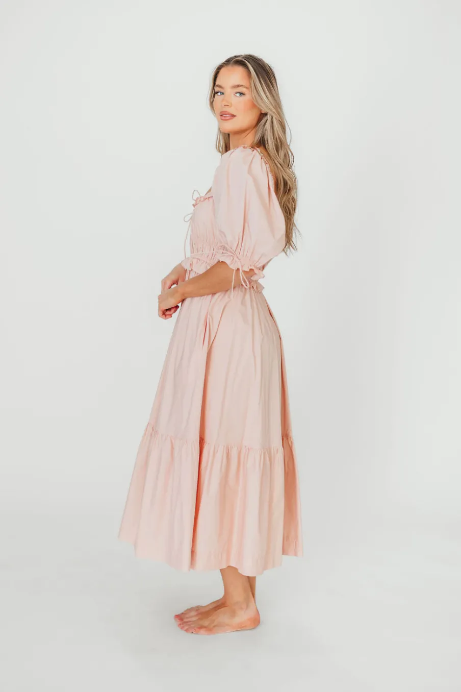 Clearance Worth Collective 100% Cotton Crissy Ruched Midi Dress in Dusty Pink - Bump Friendly