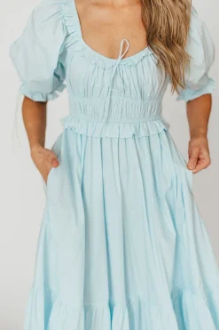 Clearance Worth Collective 100% Cotton Crissy Ruched Midi Dress in Baby Blue - Bump Friendly