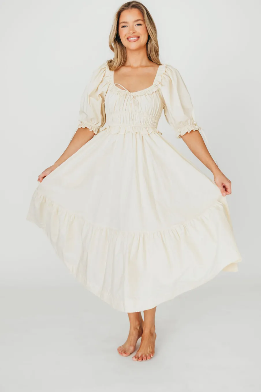 New Worth Collective 100% Cotton Crissy Ruched Midi Dress in Cream - Bump Friendly
