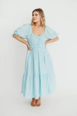 Clearance Worth Collective 100% Cotton Crissy Ruched Midi Dress in Baby Blue - Bump Friendly