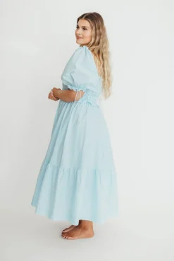 Clearance Worth Collective 100% Cotton Crissy Ruched Midi Dress in Baby Blue - Bump Friendly