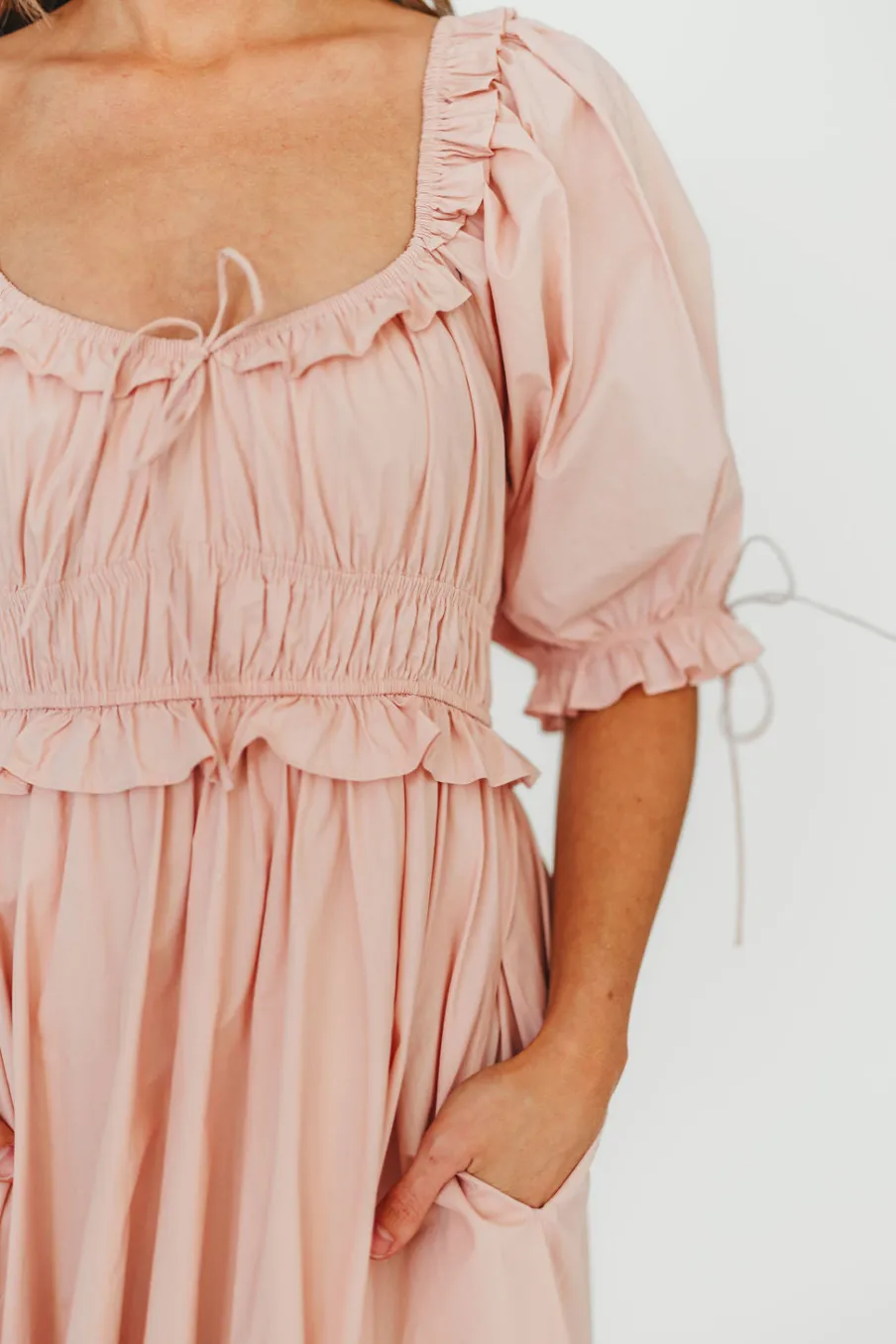 Clearance Worth Collective 100% Cotton Crissy Ruched Midi Dress in Dusty Pink - Bump Friendly