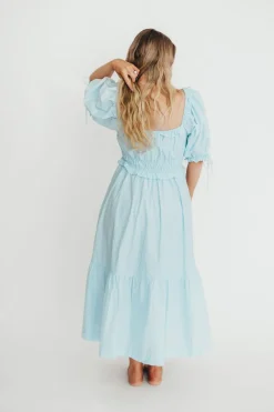 Clearance Worth Collective 100% Cotton Crissy Ruched Midi Dress in Baby Blue - Bump Friendly