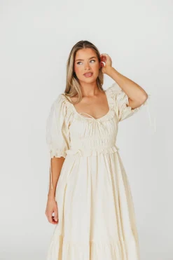 New Worth Collective 100% Cotton Crissy Ruched Midi Dress in Cream - Bump Friendly