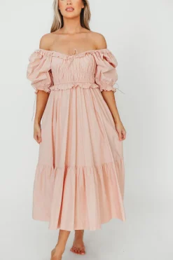 Clearance Worth Collective 100% Cotton Crissy Ruched Midi Dress in Dusty Pink - Bump Friendly
