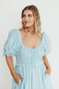 Clearance Worth Collective 100% Cotton Crissy Ruched Midi Dress in Baby Blue - Bump Friendly