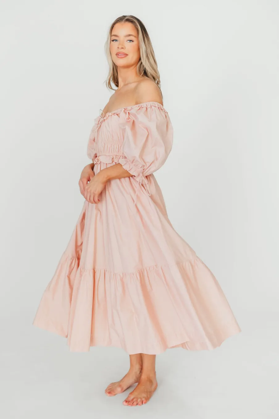 Clearance Worth Collective 100% Cotton Crissy Ruched Midi Dress in Dusty Pink - Bump Friendly